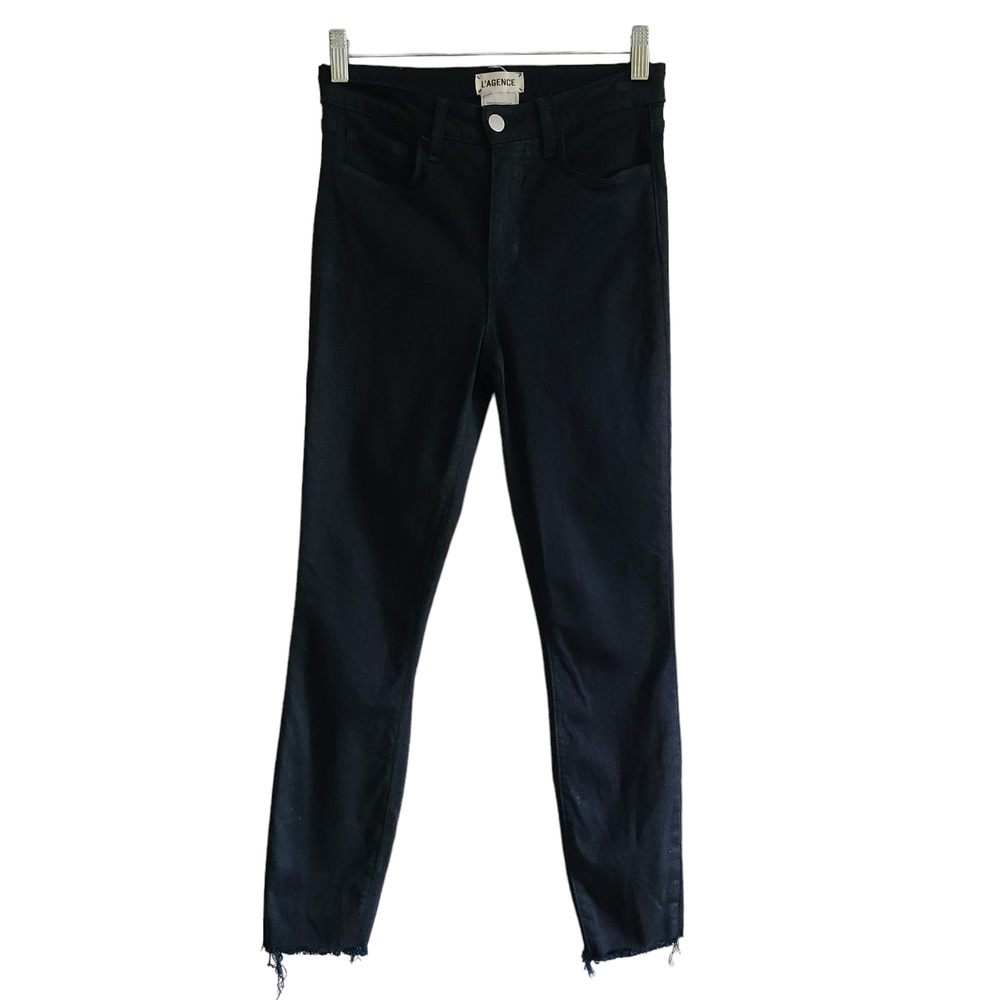 L'AGENCE Margot Skinny Metro‎ Coated Stretch Raw Hem Jeans Blue Black Shimmer 26